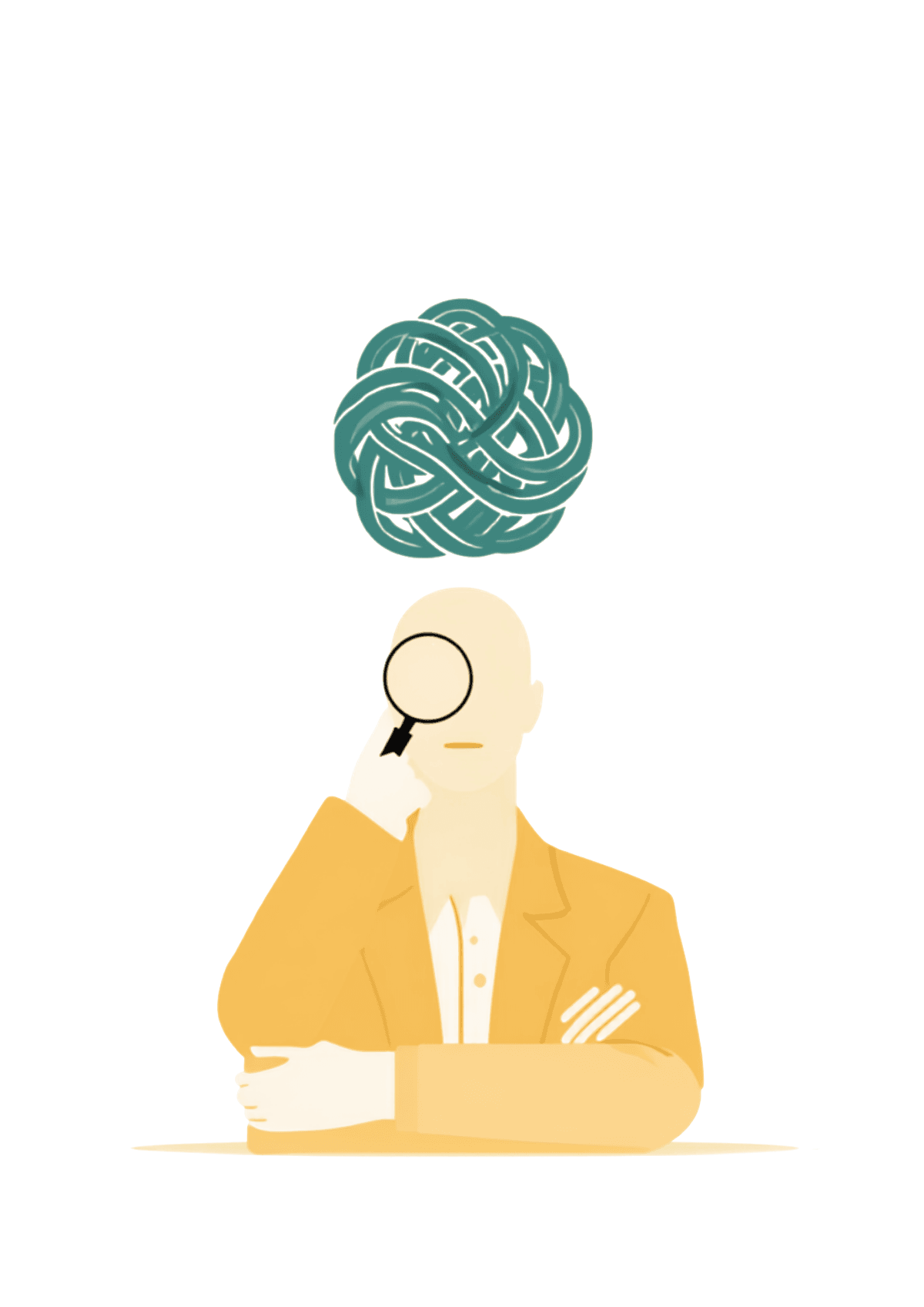 A person holding up a magnifying glass to examine a tangled teal knot floating above them