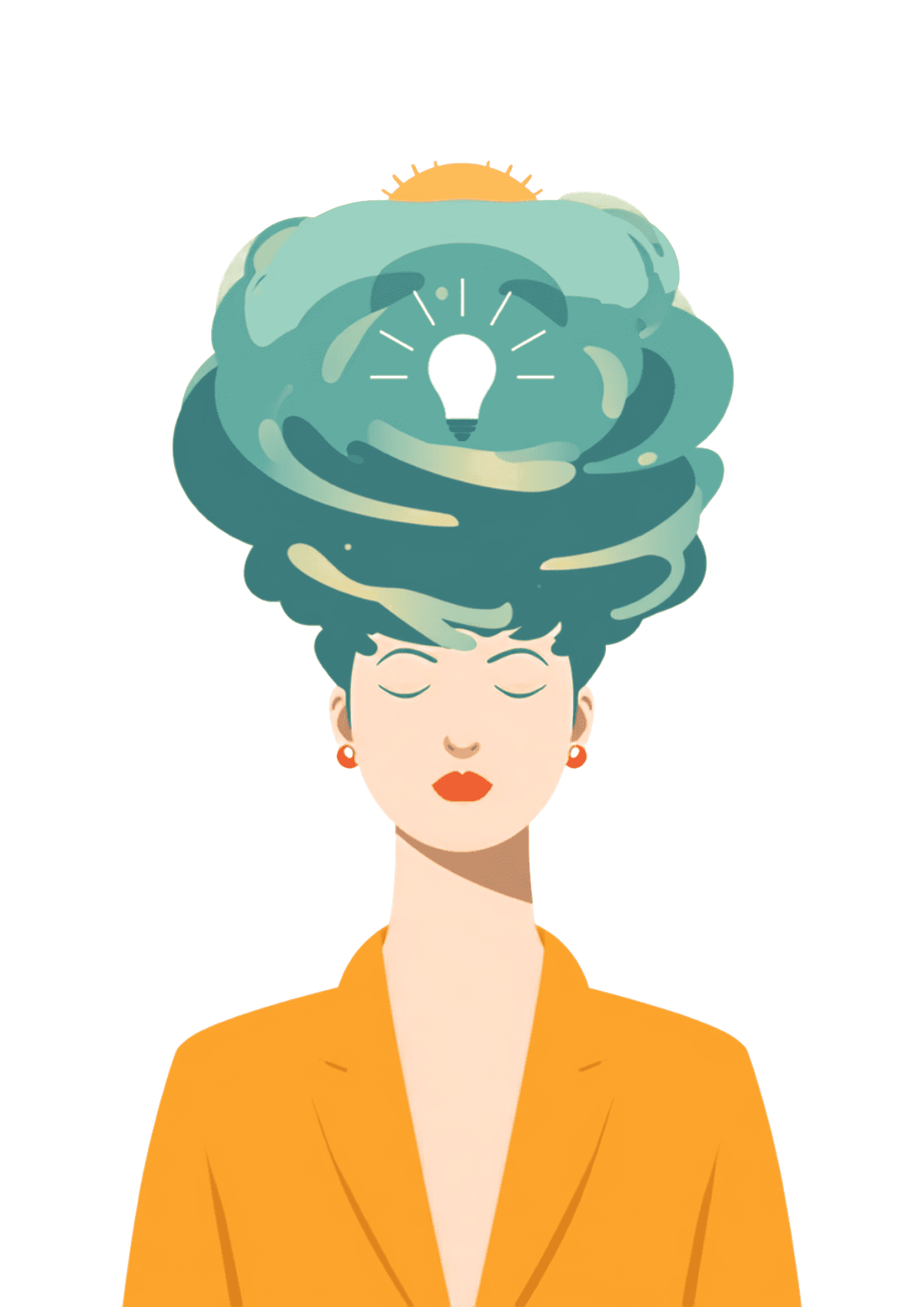 A calm person with a swirling fog clearing from around their head, sunlight breaking through to reveal a glowing lightbulb