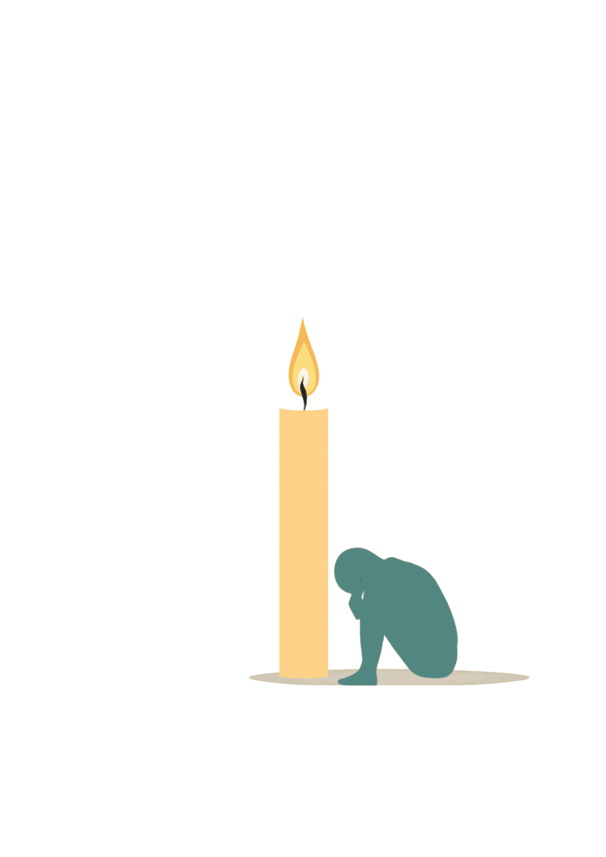 A slumped, exhausted figure sitting beside a burning candle