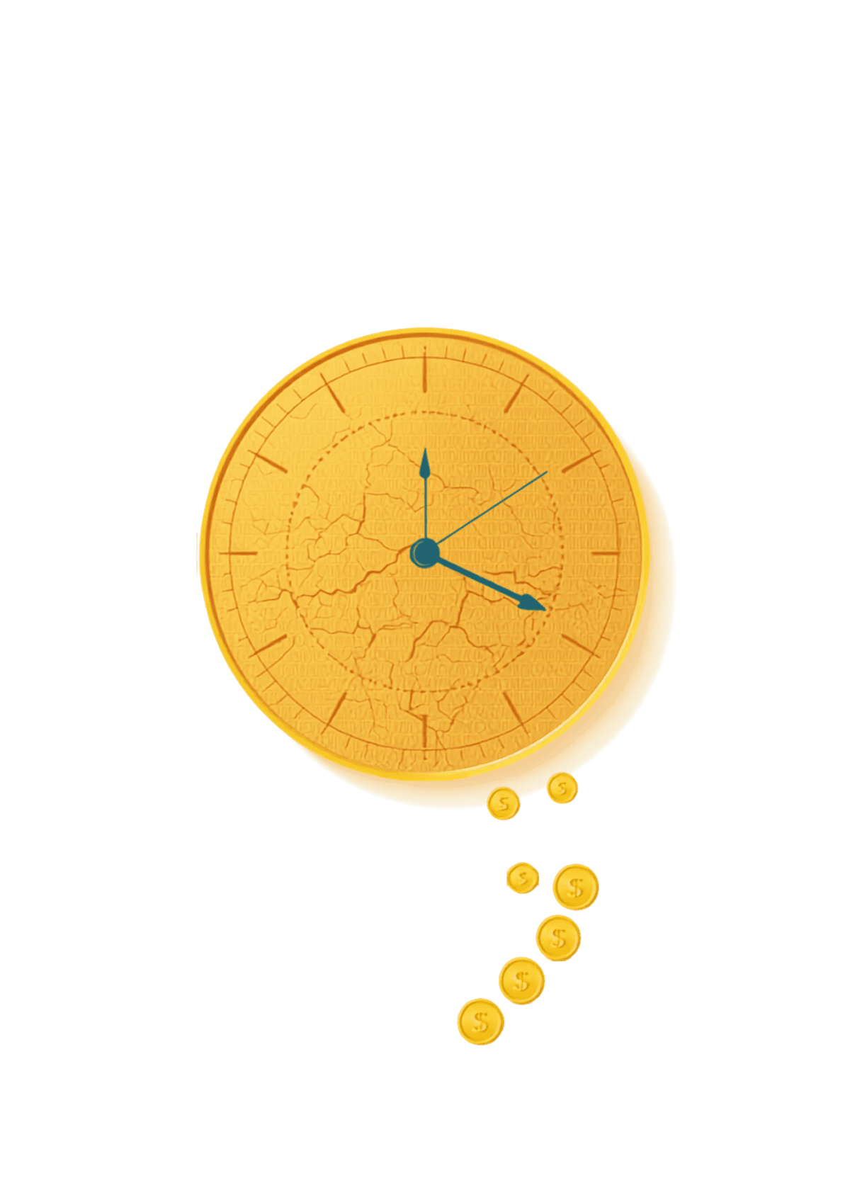 A clock face made of gold coins, with coins spilling off it