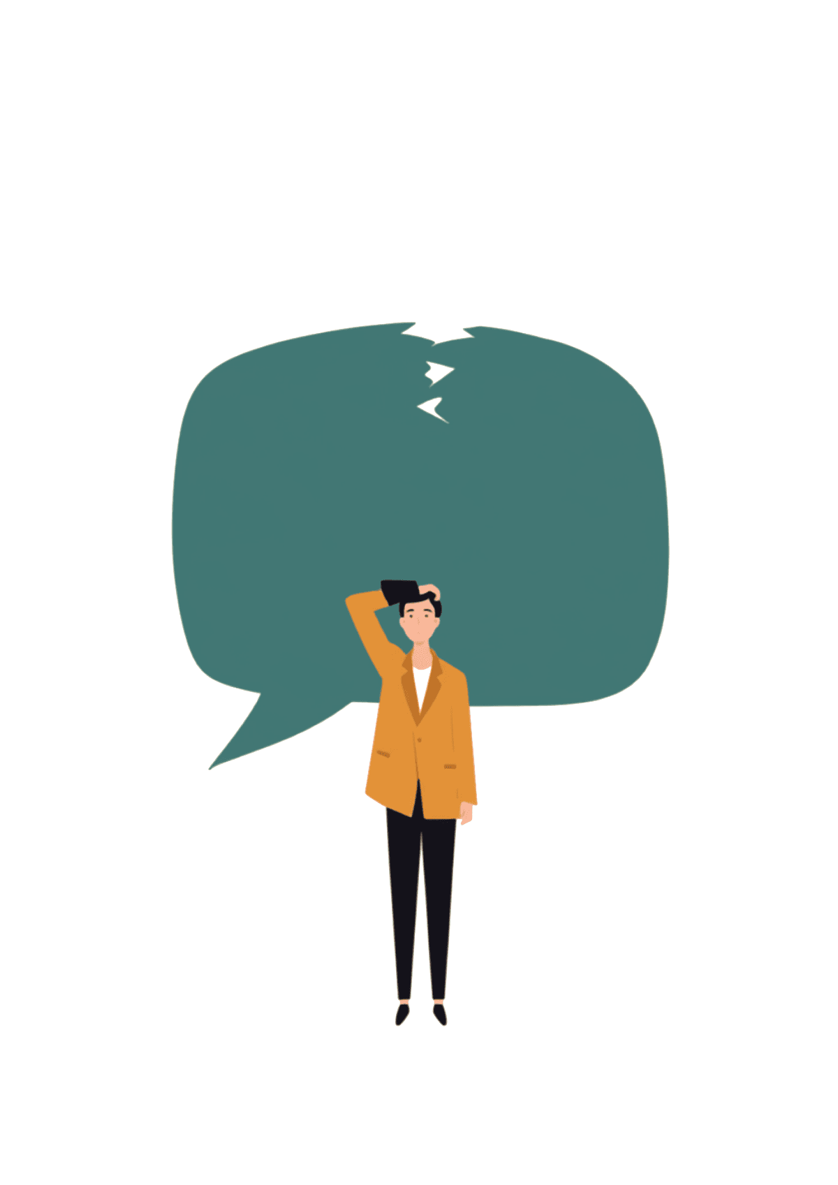 A puzzled person standing in front of a cracked, broken speech bubble